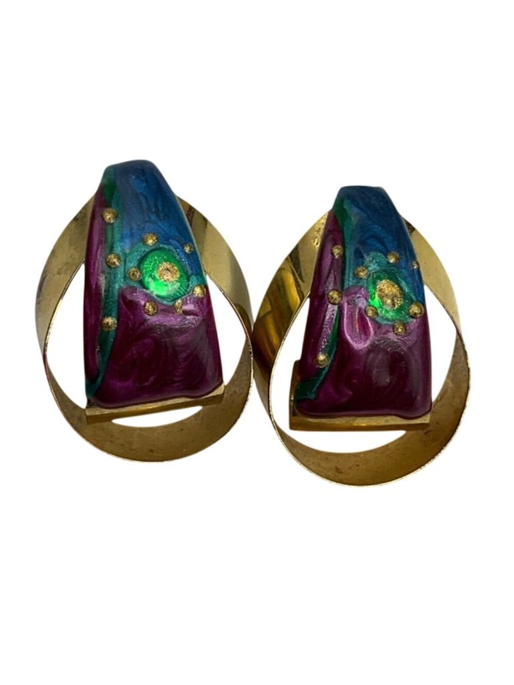 VTG Gold-Tne Swirl Stud Earrings Purple Blue Green Enamel Galactic Abstract 80's